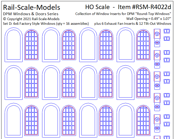 HO Scale Window Inserts for DPM Round~Top Windows ~ Factory Style